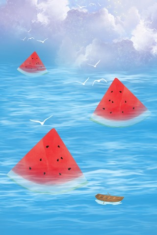 蓝色卡通天空小船海鸥海面夏天西瓜海报背景